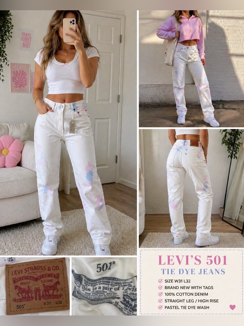 Levi’s 501 Original Tie Dye Jeans White Pink Blue Straight Leg W31 L32 NWT